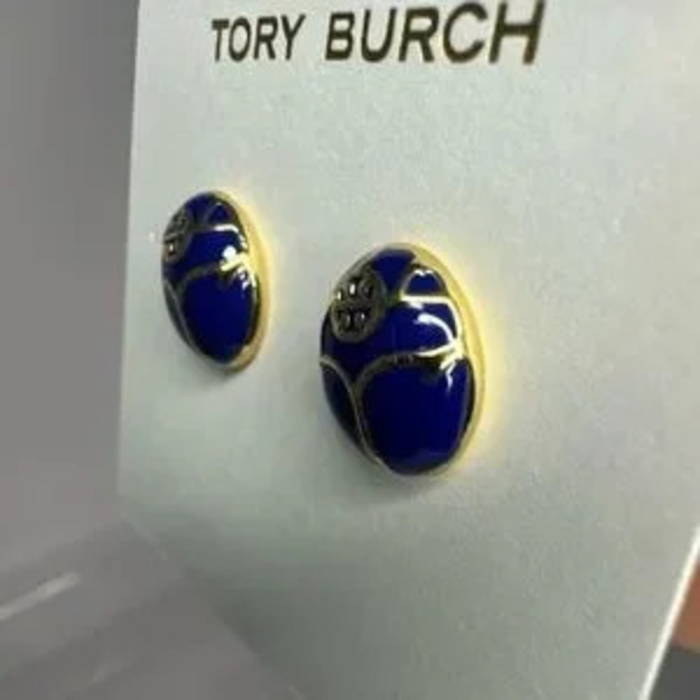 Tory Burch New Blue Enamel Oval Gold-Toned Earrings